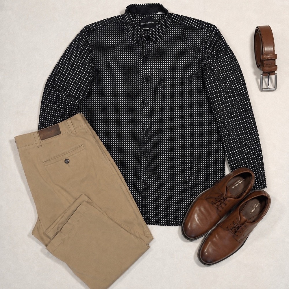 Silver Stone Mens XXL Modern Fit Button Down Shirt Black Geometric Print